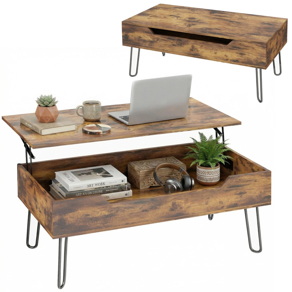 Tavolino da caff¨¨ in legno con ripiano nascosto ¨C zephmum ¨C 95x50x40 cm, marrone rustico