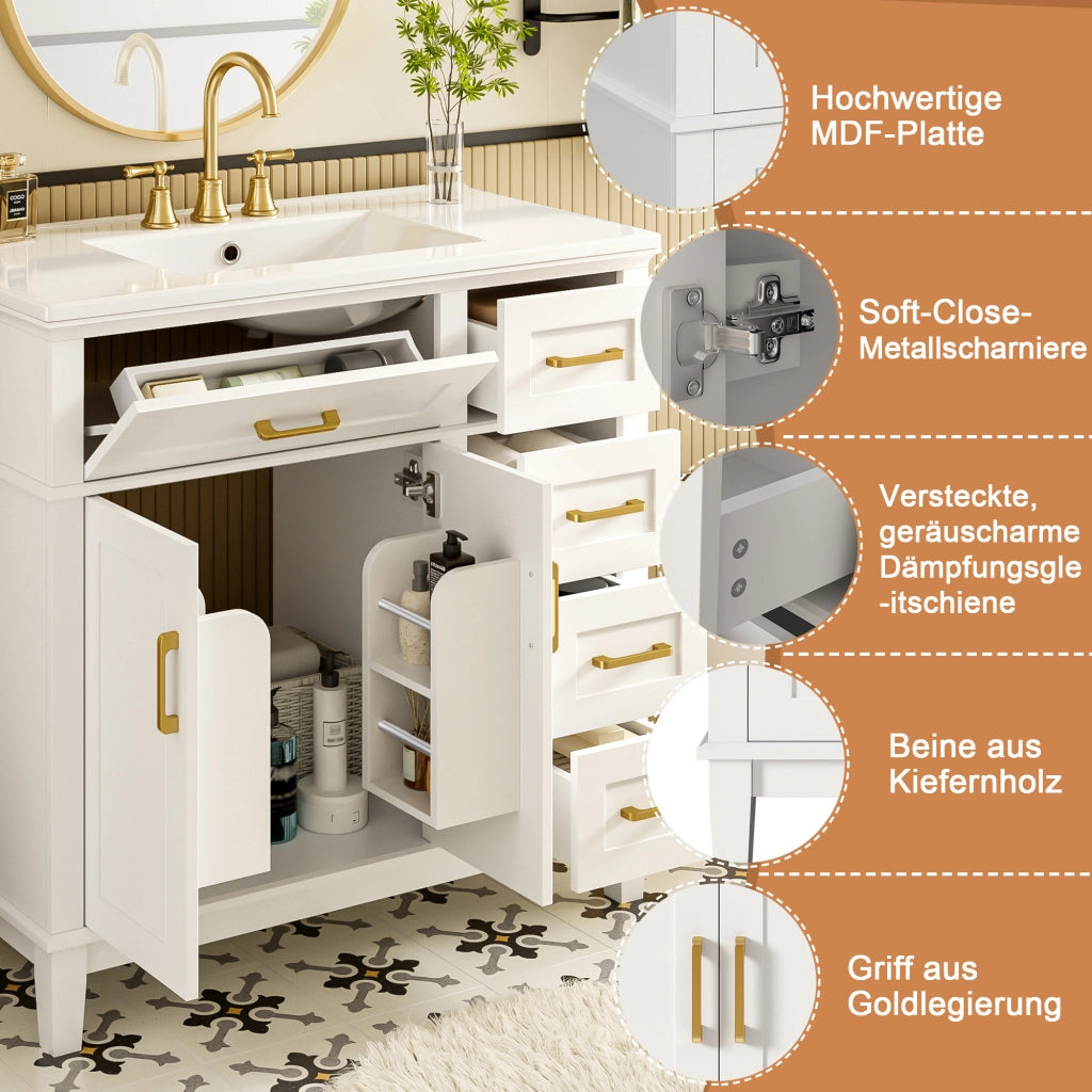 Mobile sottolavabo con lavandino in ceramica, 2 ante e 5 cassetti, per bagno, in MDF e ceramica, bianco, 90 × 46 × 87 cm