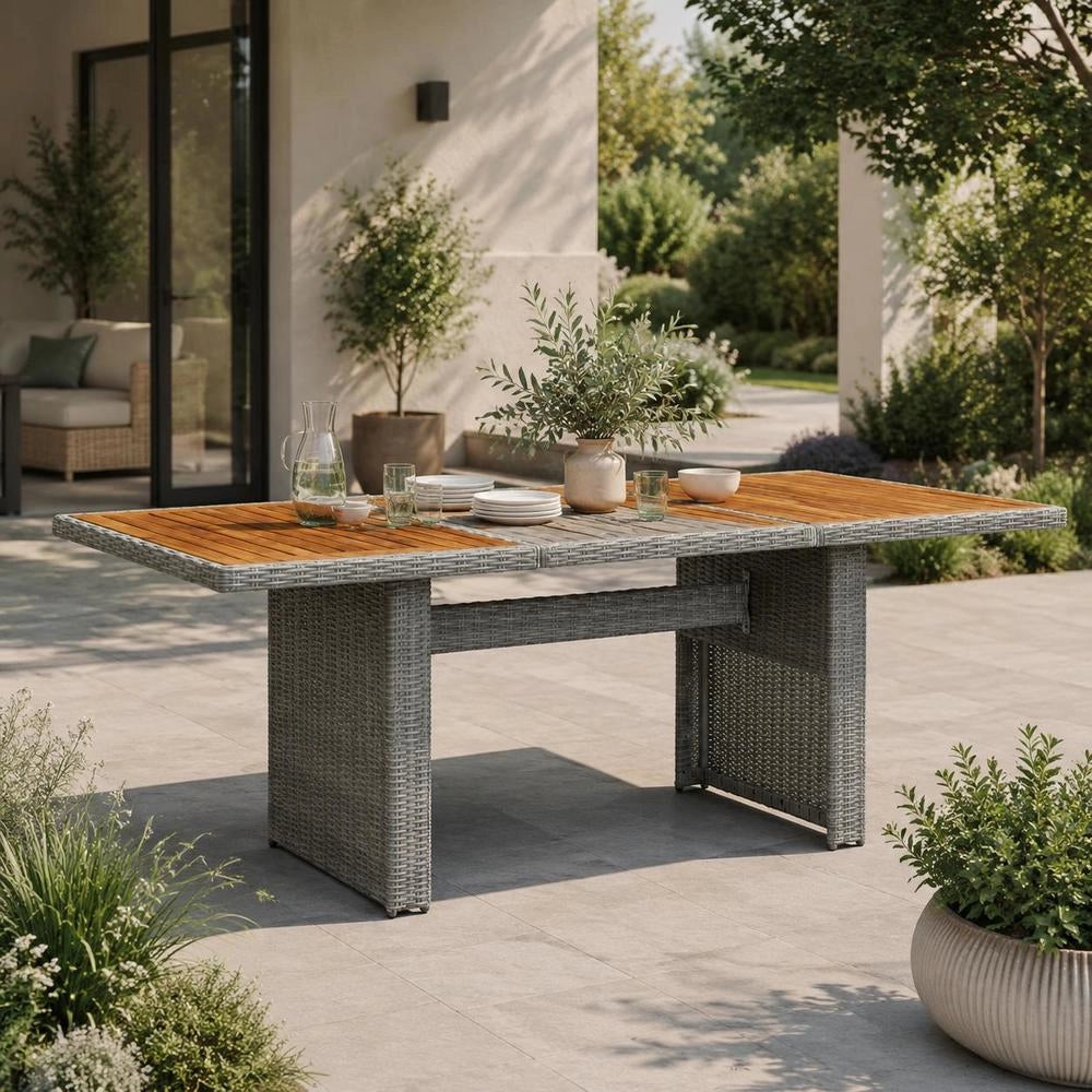 Garden Table Light Grey Poly Rattan And Acacia Solid Wood