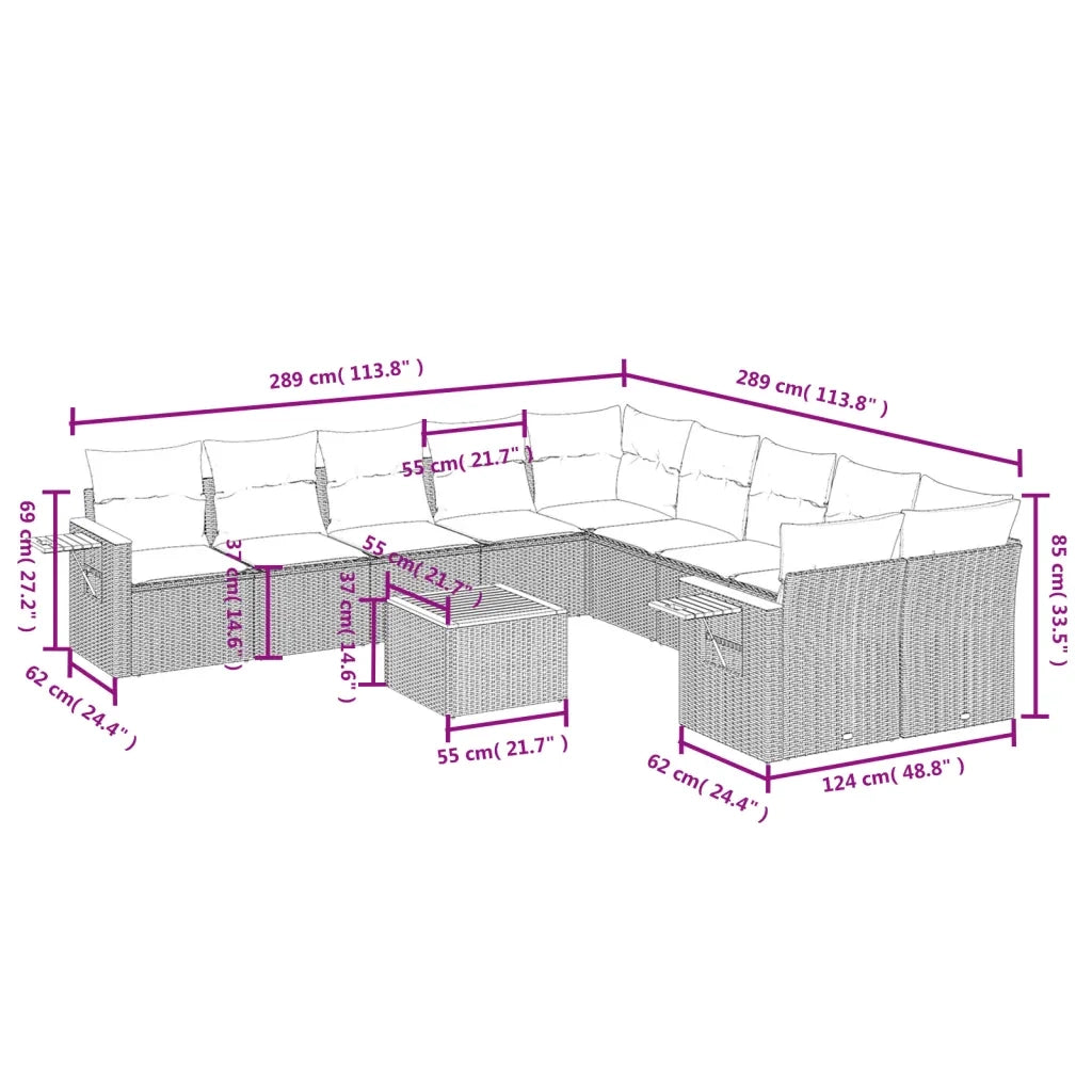 Set Divani da Giardino 11 pz con Cuscini in Polyrattan Grigio