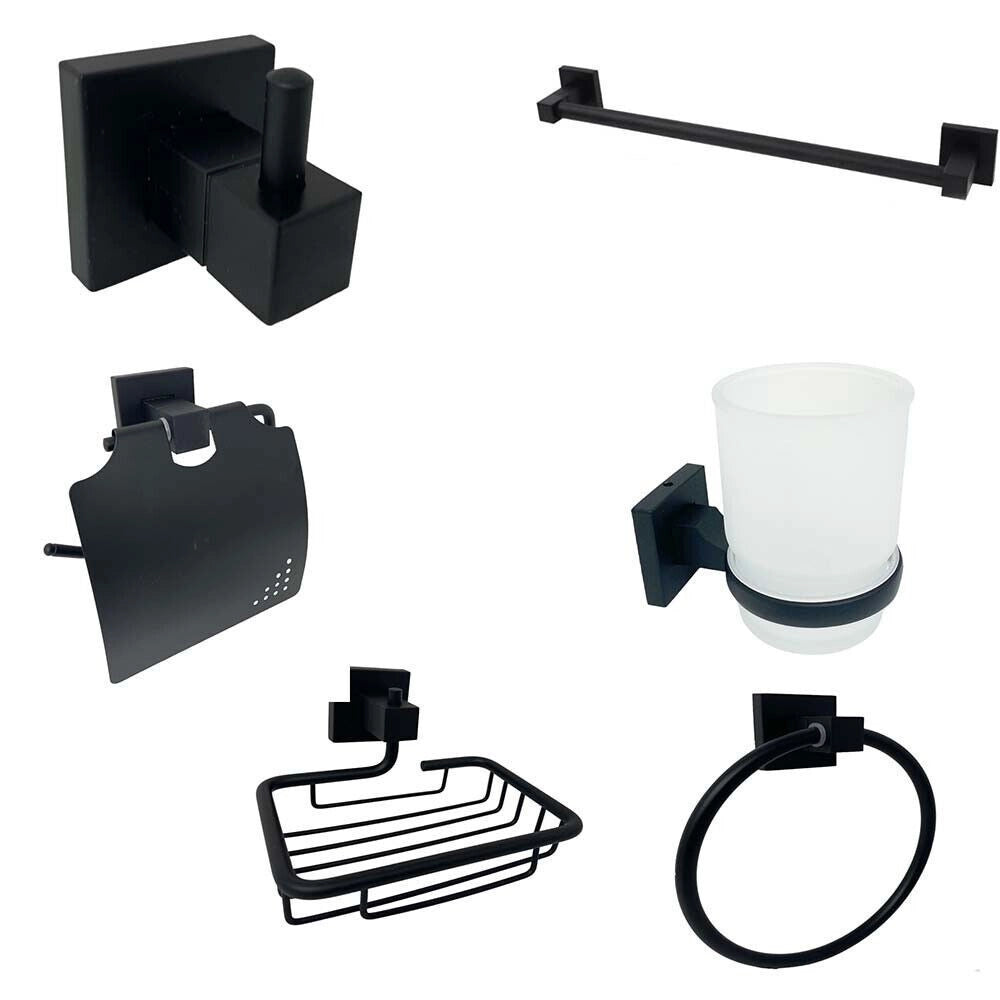 Trade Shop - Set Ultra Moderno Nero 6pz Bagno Porta Asciugamano Rotolo Bicchiere Spazzolini 87261 -