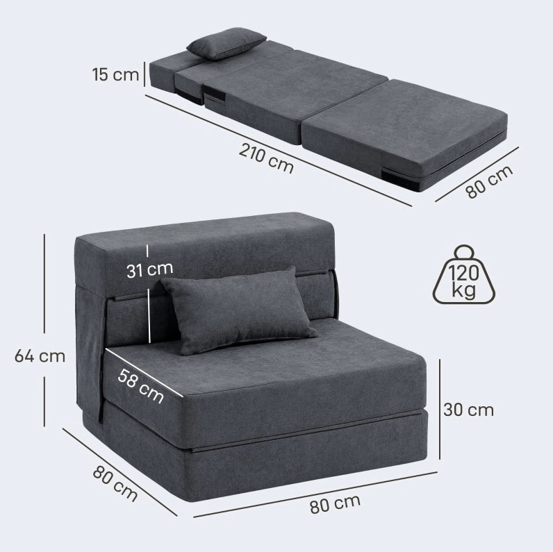 Poltrona letto pieghevole 3 in 1 in flanella grigio scuro