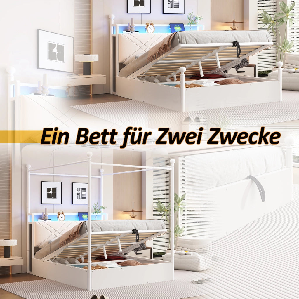 Letto contenitore 140 × 190 cm con baldacchino rimovibile, LED, USB e Type-C, senza materasso, bianco