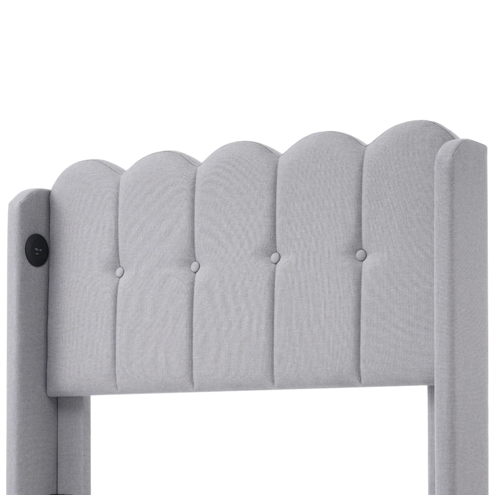 Letto imbottito 90x200 cm con ricarica USB e Type C; lino; grigio (Senza materasso)