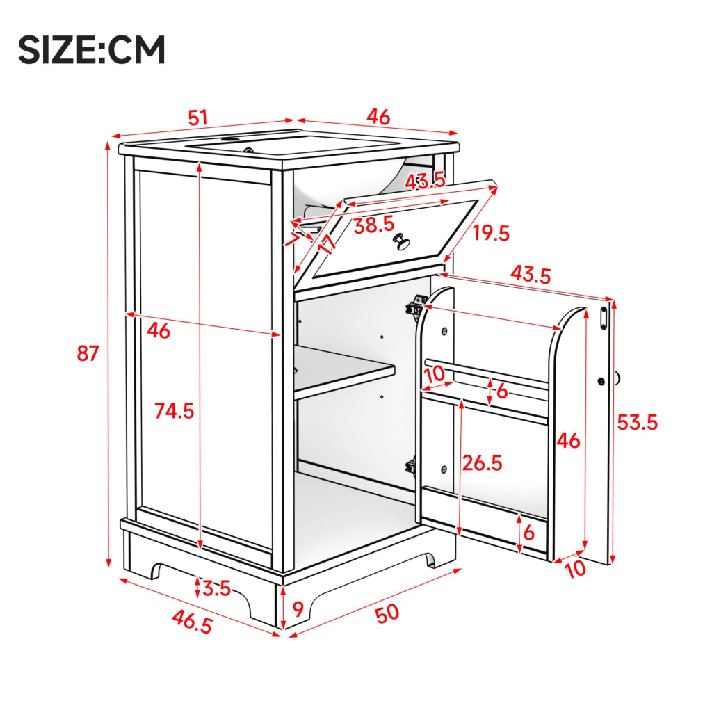 Mobile lavabo 51x46x87 cm con ripiano regolabile e lavabo integrato in MDF e ceramica bianco