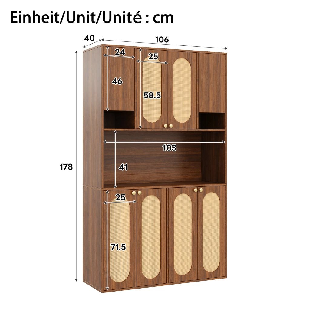 Credenza alta con 8 ante e LED, per sala da pranzo e soggiorno, in MDF e PE-rattan, naturale, 106 × 40 × 178 cm
