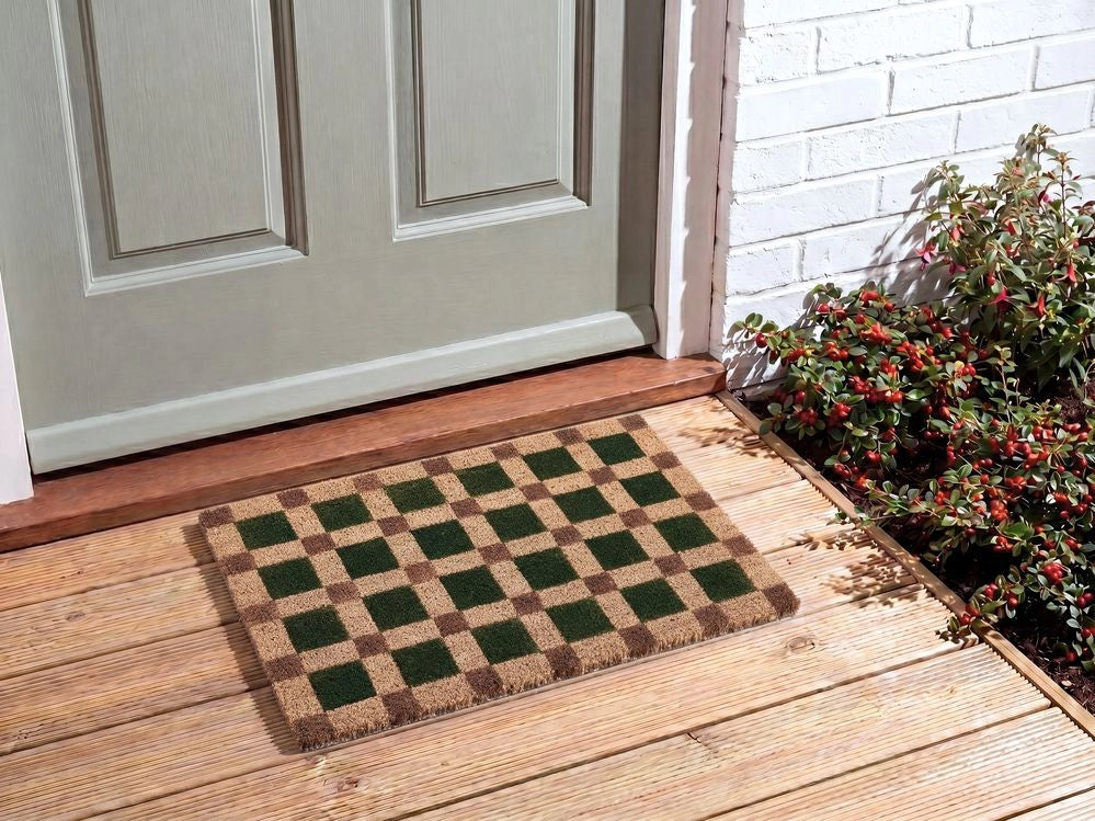 Zerbino in fibra di cocco beige e verde con fondo antiscivolo, 40 x 60 cm. Zerbino decorativo antiscivolo con motivo a quadri