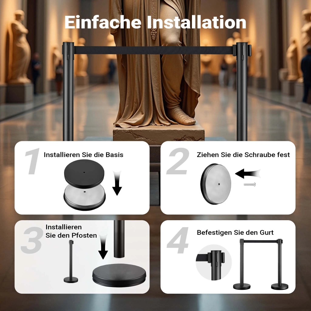 Colonnine tendinastro 320 x 70 x 900 mm, Set 2 paletti delimitatori in acciaio con nastro nero