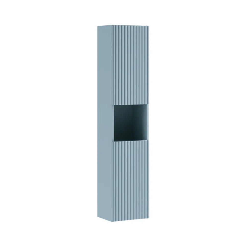 Set bagno sospeso VANO blu denim 90cm: mobile basso con cassetti + lavabo incasso bianco + colonna