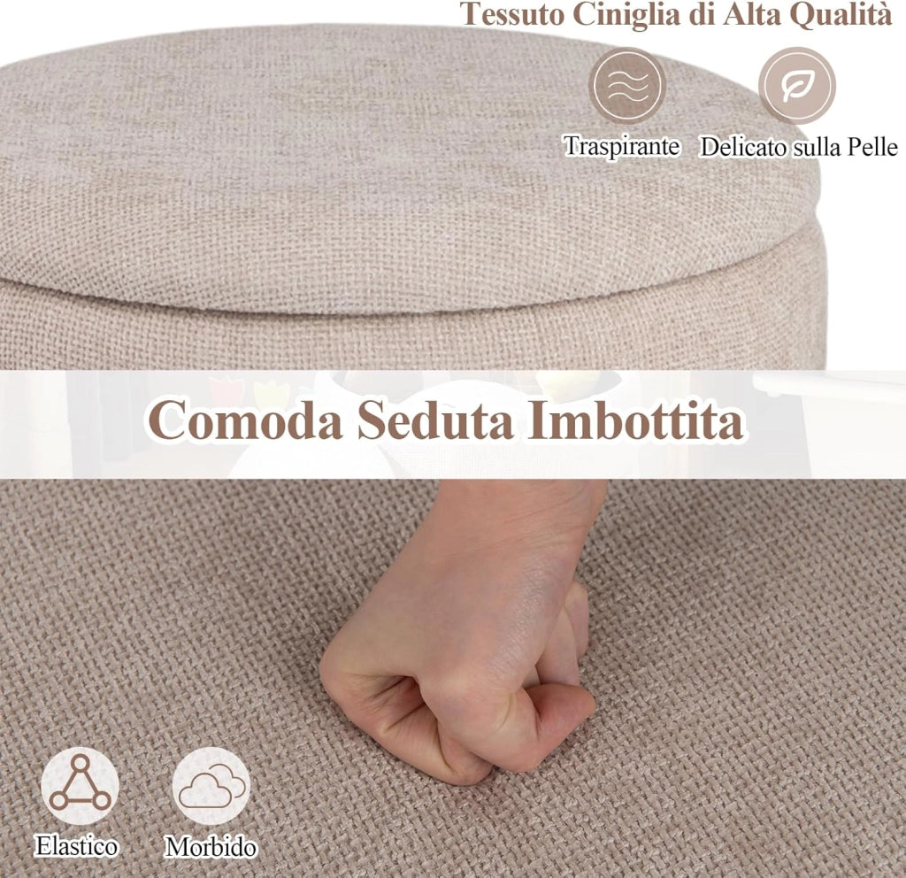 Pouf Contenitore Rotondo 35,5 L, Poggiapiedi Divano Imbottito con Coperchio Rimovibile, Sgabello Moderno in Ciniglia con Base in Legno di Pino, per Soggiorno e Camera da Letto