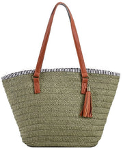 Borsa da spiaggia per donne, grande borsa da viaggio, grande sacchetto intrecciato, borsa di paglia con cerniera e cinturino in pelle per spiaggia, viaggio, shopping, verde