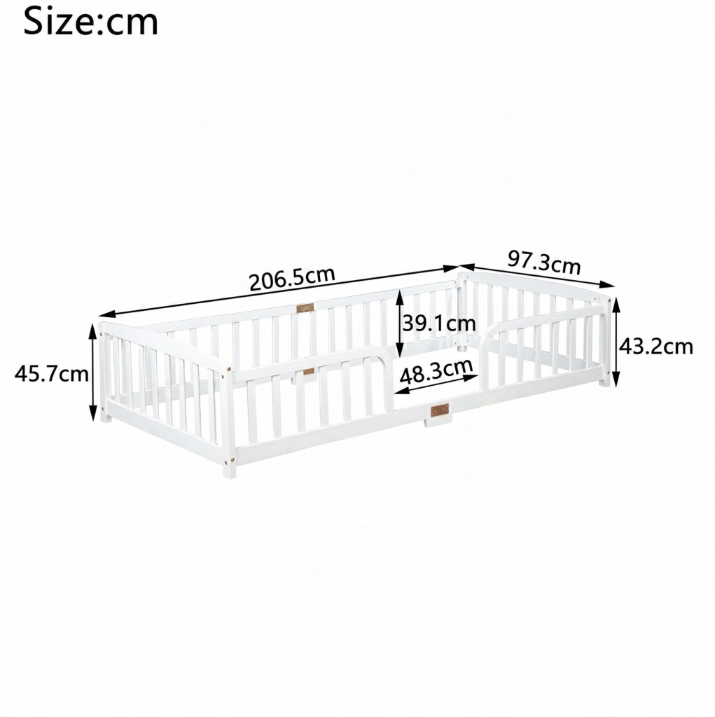 Letto a pavimento per bambini 90x200 cm con sponde di sicurezza bianco