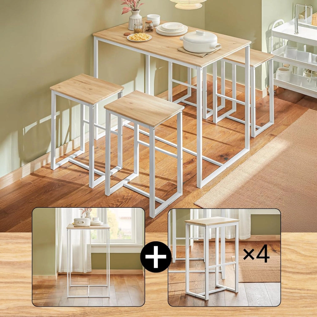 Penisola da Cucina con 4 Sgabelli Tavolo da Bar Alto con Set da 5 Pezzi per Cucina e Sala da Pranzo, Salvaspazio per Cucine Piccole, Balcone o Giardino Finitura Legno 100x60x96 cm OGT15‑WN