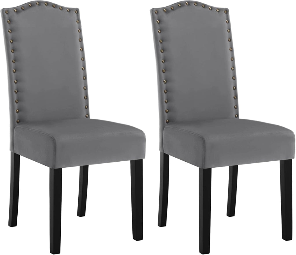 Sedie da Cucina Set da 2, Sedie per Sala da Pranzo con Schienale Alto e Gambe in Legno Massello, Sedie Imbottite per Salotto, Decorazione con Rivetti, in Velluto, Grigio scuro, BH385dgr-2