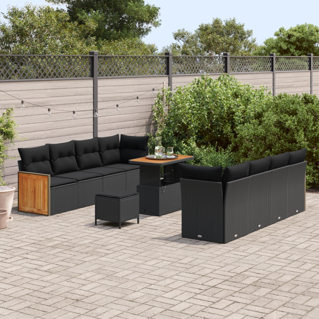 Set da Giardino  11 Pezzi con Cuscini Nero Rattan Poliaccia