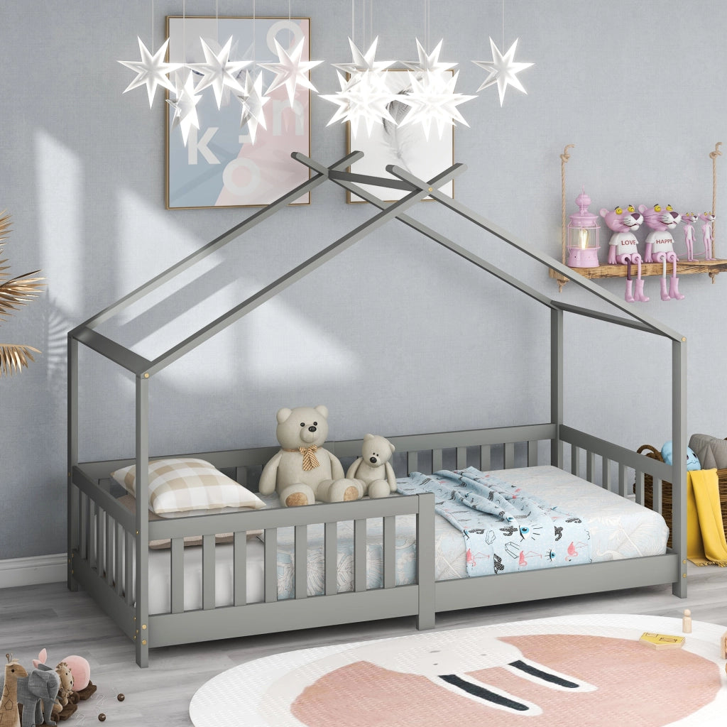 DESMIU Letto a Casetta per Bambini 90 × 200 cm 1 Posto con Sponde di Sicurezza e Spazio Contenitivo, senza Materasso, Grigio