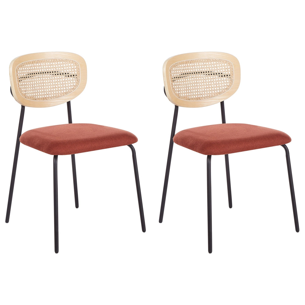 Set di 2 sedie da pranzo Rivestimento in poliestere arancione Schienale in rattan naturale a treccia viennese Gambe in metallo nero Sgabelli senza braccioli