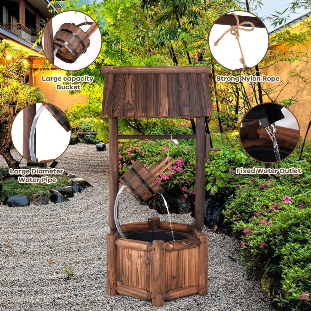 Fontana da giardino con tetto per esterni, fontana in legno con pompa elettrica e secchio in legno, fontana decorativa per cortile e prato, 59 x 56 x 115 cm