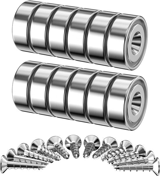 12 pezzi di magneti neodymium con forza di attrazione extra alta 7 kg, 16 x 5 mm magneti rotondi multifunzionali con viti, magneti a testa inculata per contenitori da cucina, bagni, uffici, garage, magazzini