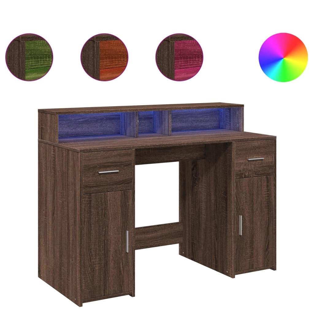 Scrivania tavolo postazione di lavoro mobile per computer studio e luci a LED legno ingegnerizzato di rovere marrone 02_0023795
