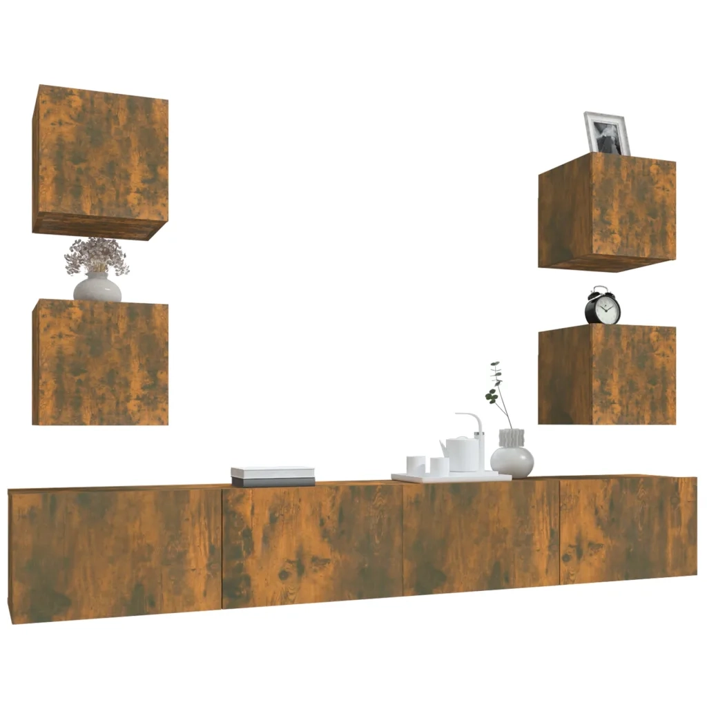 Set di Mobili Porta TV 6 pz Rovere Fumo in Legno Multistrato cod mxl 10164