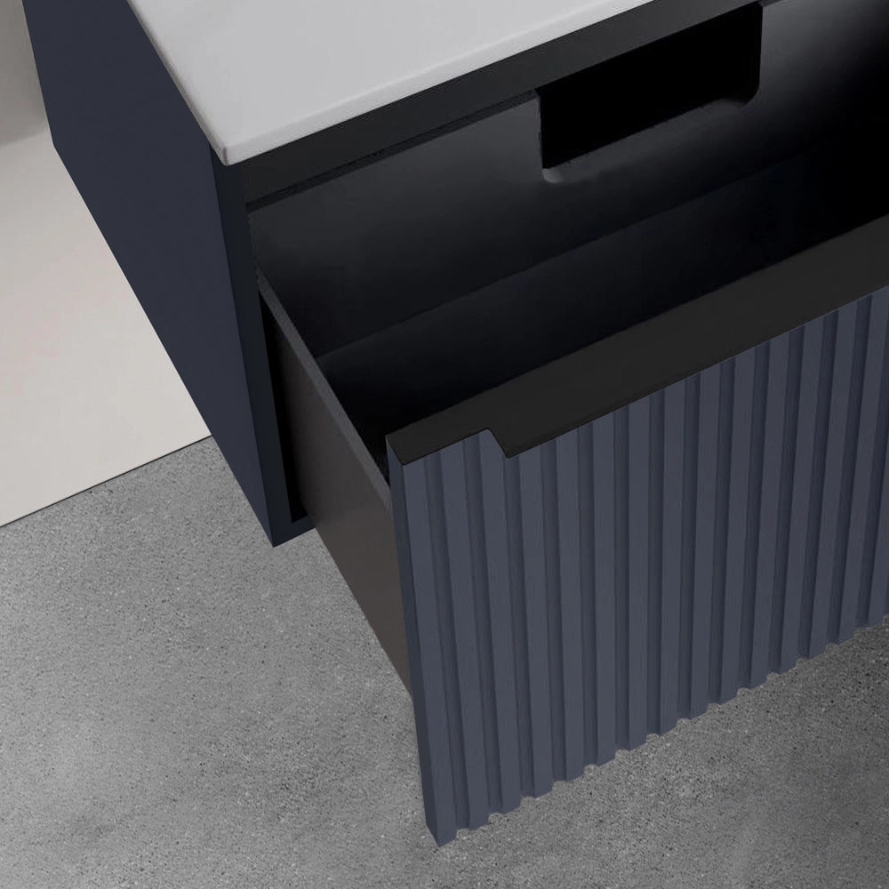 Mobile bagno sospeso 80 cm blu notte opaco cannettato con cassetto e lavabo Nara