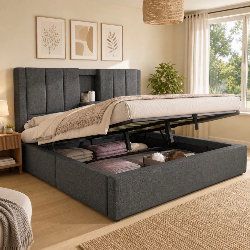 Letto imbottito 180x200 cm con contenitore, USB e portabicchieri