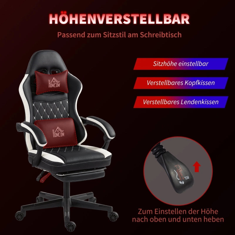 Sedia gaming reclinabile con poggiapiedi, cuscino lombare e poggiatesta girevole regolabile in altezza in poliestere nero