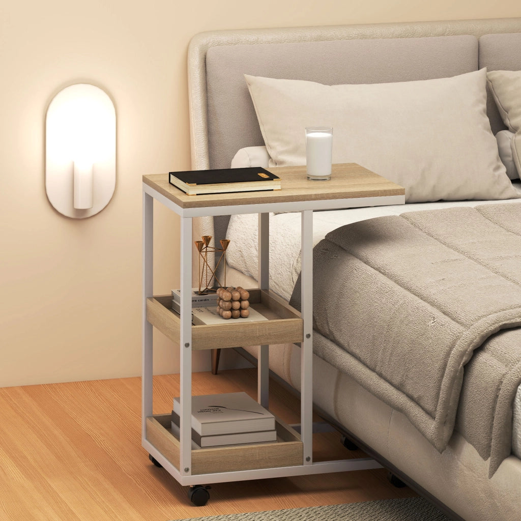 Tavolino con Ruote Forma C ¨C Xylo ¨C Legno Naturale e Bianco con Ripiani Aperti 51x33x66cm