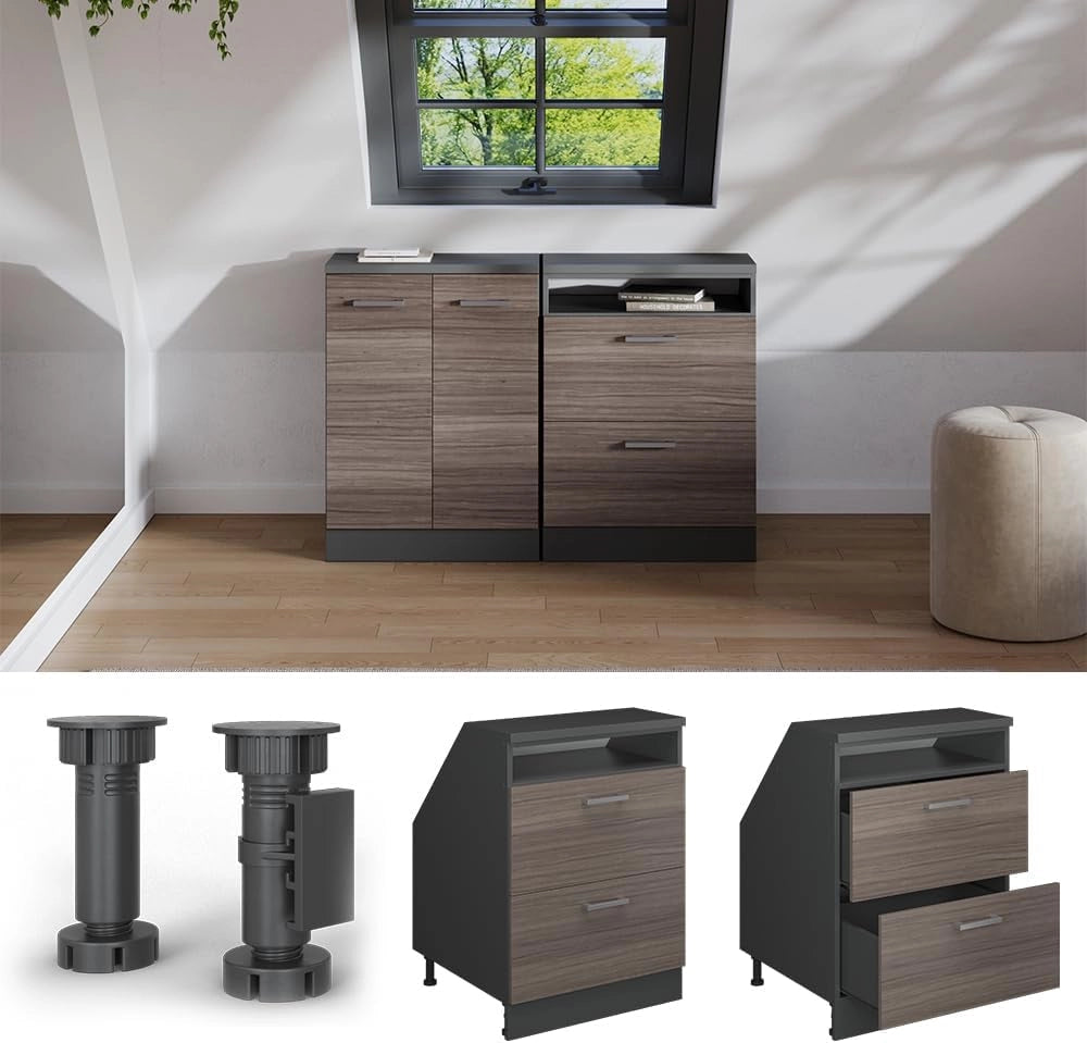 Mobile sottotetto Rion, Grigio nobile, 60 x 81.6 cm con 2 cassetti, carcassa 60 cm profondità, adatto per il salvaspazio sotto tetti spioventi