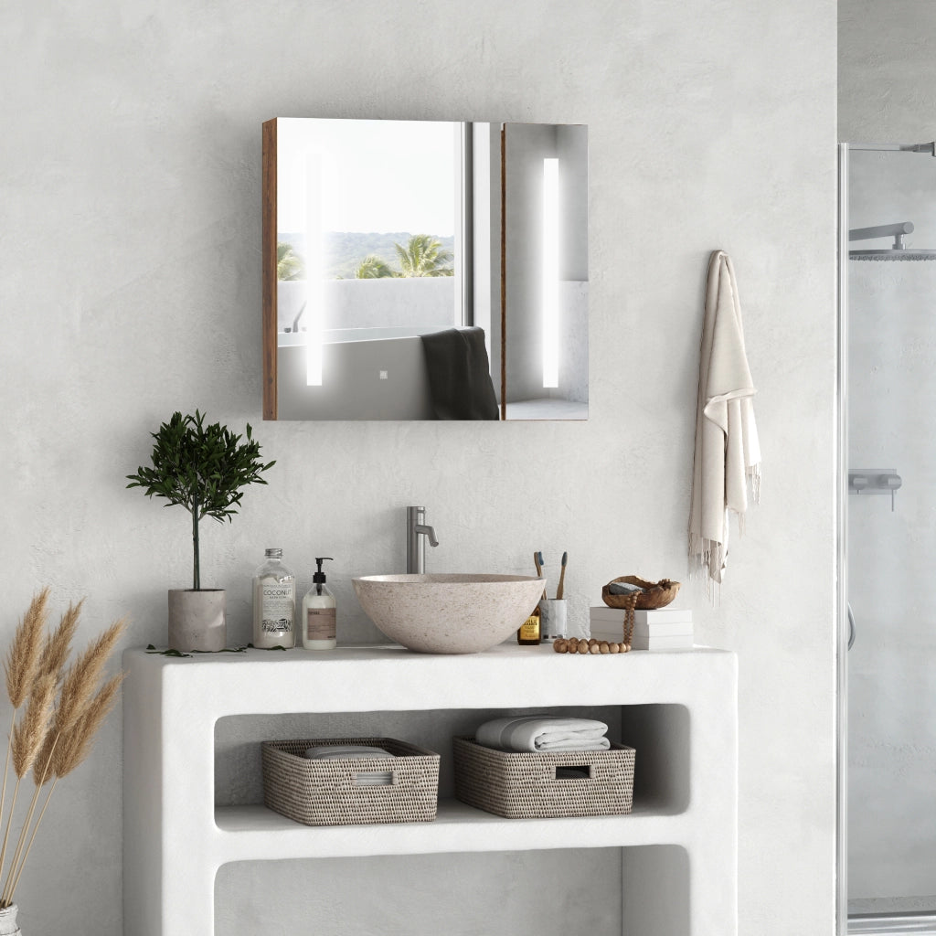 Specchiera Bagno con Luci LED e 2 Ante ¨C zephmum ¨C Marrone 70x15x65cm