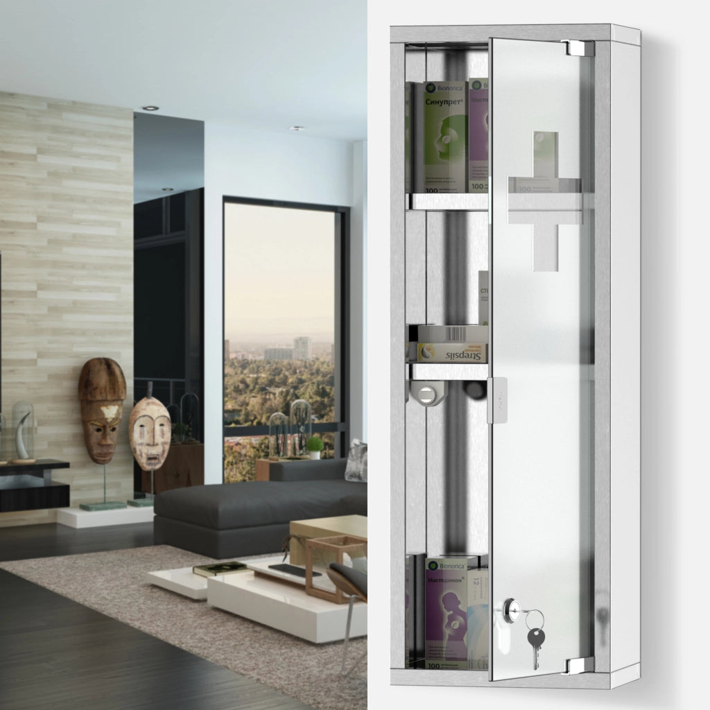 Armadio Farmacia 2 Ripiani 3 Livelli ¨C Minimal ¨C 20x12x58 cm Porte Vetro Temperato Acciaio Inox