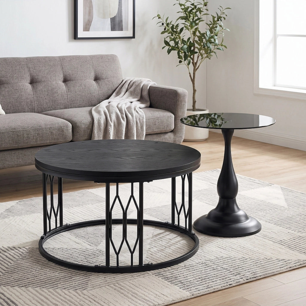 Tavolino basso rotondo in MDF con piano effetto legno e struttura in metallo per soggiorno nero Ø 70 × 40,5 cm