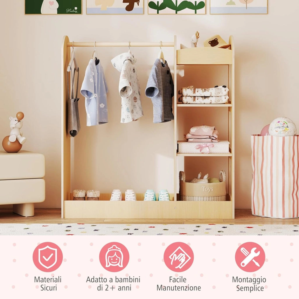Guardaroba per Bambini in Legno, Mobile per Bambini con Specchio, Appendiabiti e Mensole, Armadio di Stoccaggio per Cameratta, 93,5 x 38 x 100 cm (Naturale)