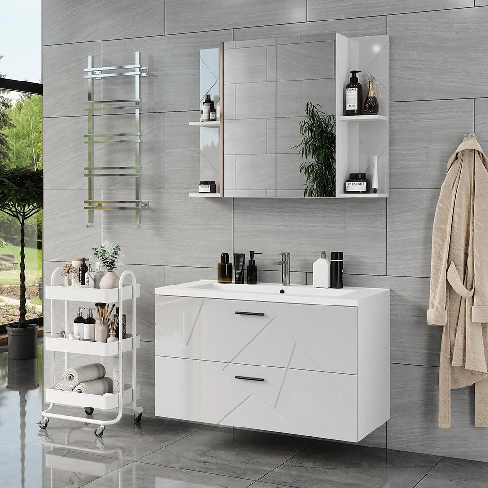 Set di mobili da bagno Irma, Bianco/bianco lucido, 100 cm, composto da mobile sottolavabo con lavabo e specchio per bagno