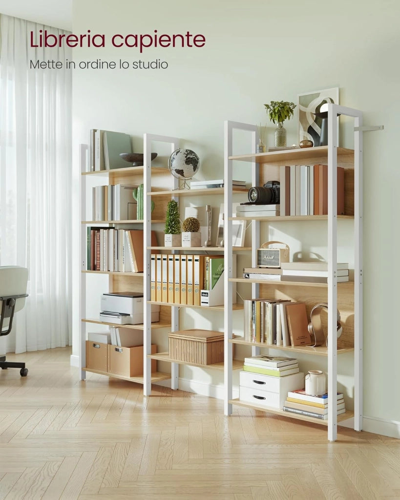 VASAGLE Libreria, Scaffale Portaoggetti, con 14 Ripiani, Struttura in Metallo, Soggiorno Studio Ufficio, Stile Industriale, 24 x 158 x 166 cm, Rovere Dorato e Bianco Opaco LLS107YA01