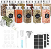 Contenitori per erbe in vetro 12 pezzi 120 ml - coperchio in acciaio inossidabile - set di setaccio, cucchiaio e spazzola per la pulizia e l'etichettatura. Contenitori per erbe quadrati.