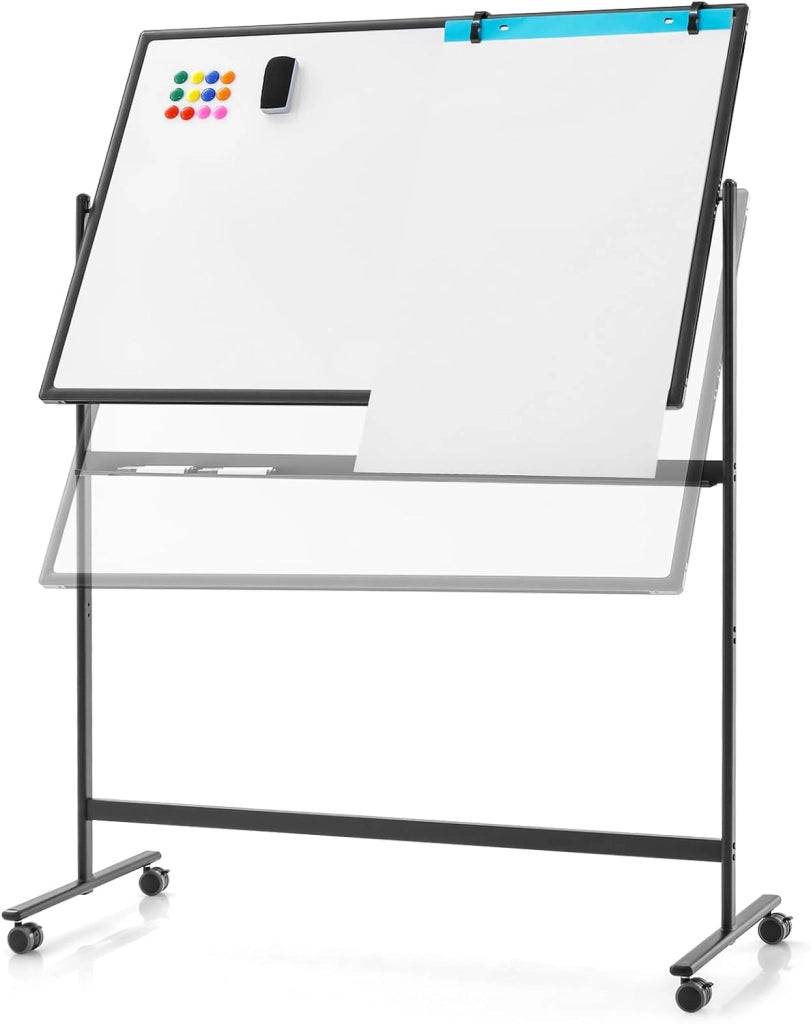 Lavagna bianca mobile, lavagna bifacciale 48 x 32 pollici con pennarelli neri, gomma, magneti, 4 rotelle bloccabili, lavagna bianca reversibile regolabile in altezza (Nero)