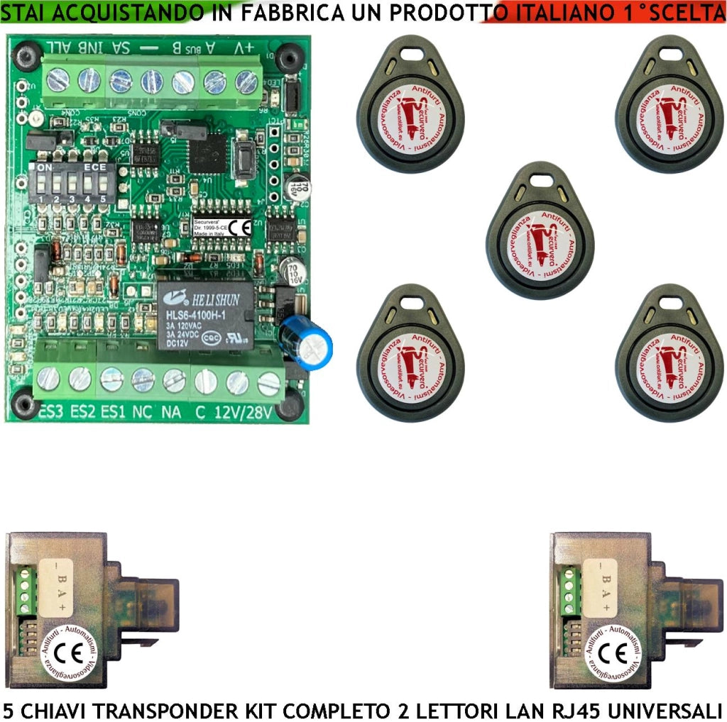Kit Chiave di Prossimità 5 Chiavi TAG Trasponder 2 Lettori su Modulo LAN Universale 501/503 RJ45 Alimentazione 12/24 Vac Relè Scambio 2 A 24 V Funzione Impulsiva o Stabile Segnale di Stato 4 Led GRVB