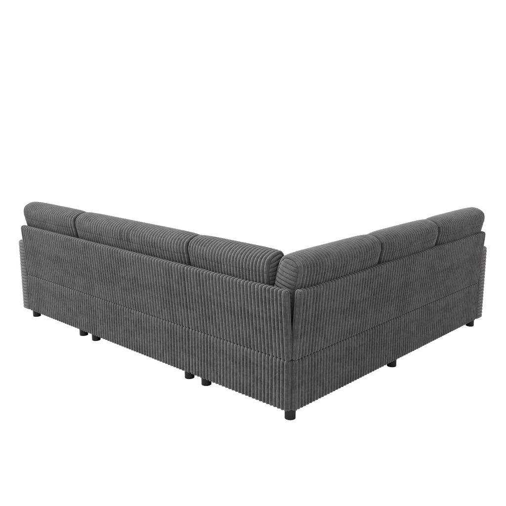 Divano panoramico a U convertibile con letto, contenitore e tessuto a coste, grigio 274 × 220 × 85 cm