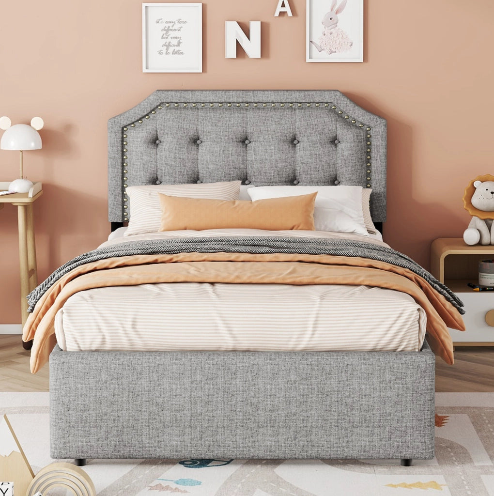 Letto imbottito 90x200 cm; con cassetti; MDF e lino; grigio