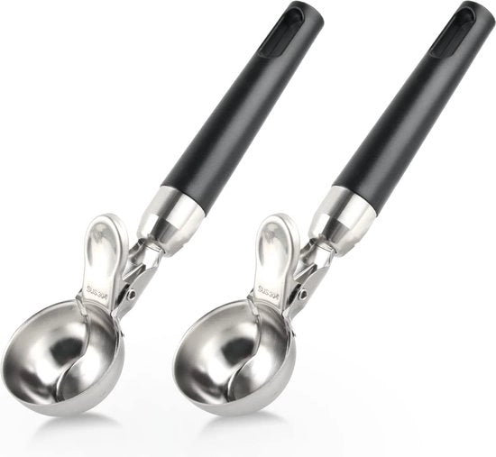 Set di 2 cucchiai per gelato, acciaio inossidabile, con espulsore, cucchiaio per gelato, portacucchiai, gourmet portacucchiai per gelato, cucchiaio di alta qualità per formare palline di gelato (nero)