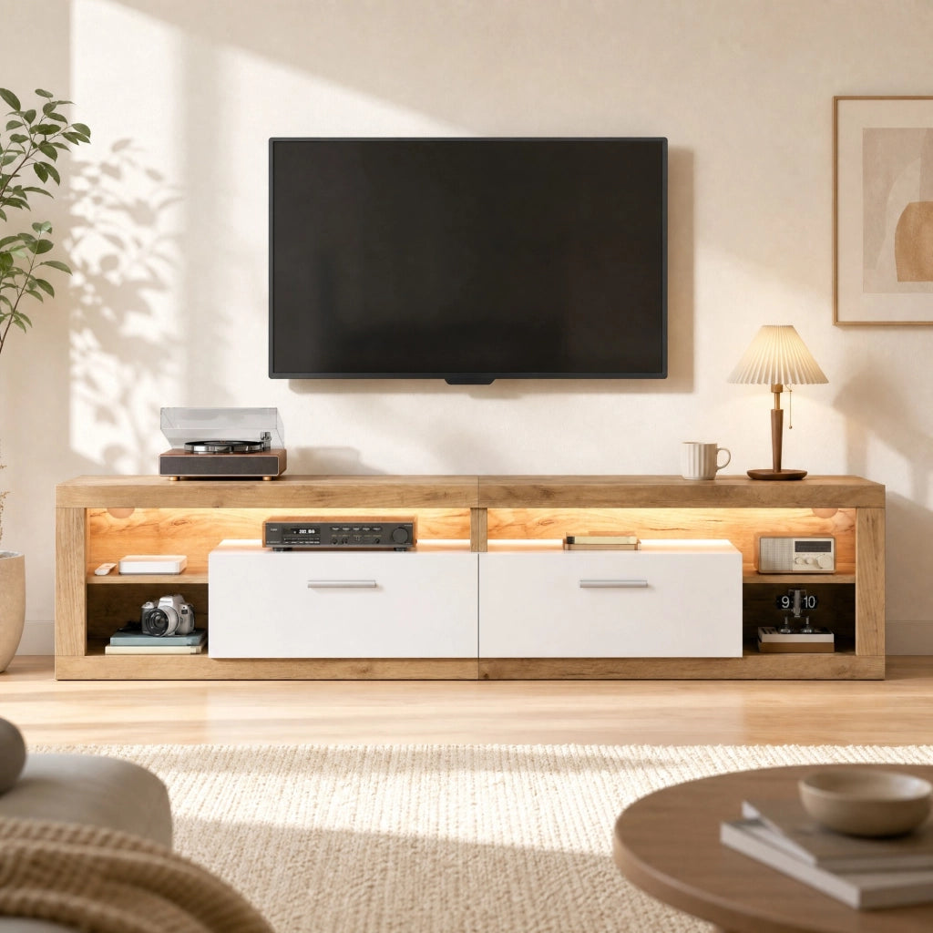 TV-Schrank 180x35,5x50 cm con LED controllati da app, 2 cassetti, 4 vani aperti, portata 30 kg, colore naturale e bianco