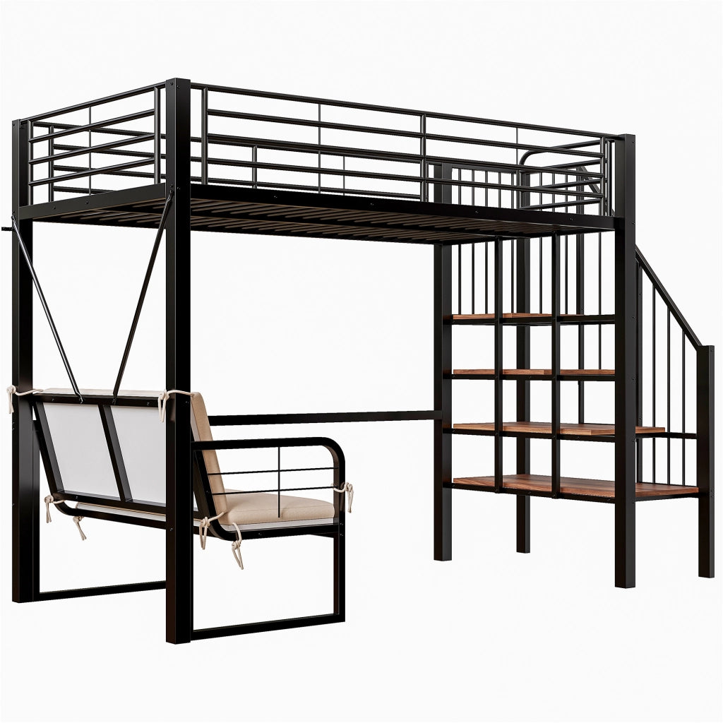 Letto a castello 90x200; struttura in metallo; divano con sedile rimovibile; scomparto portaoggettili; scale; nero