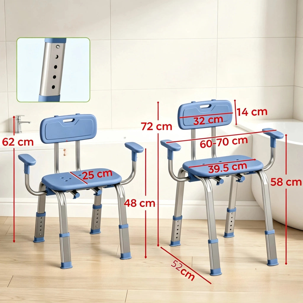 Sedia da doccia ULEVR regolabile in altezza 34-44 cm con schienale e braccioli, portata 150 kg, blu e argento