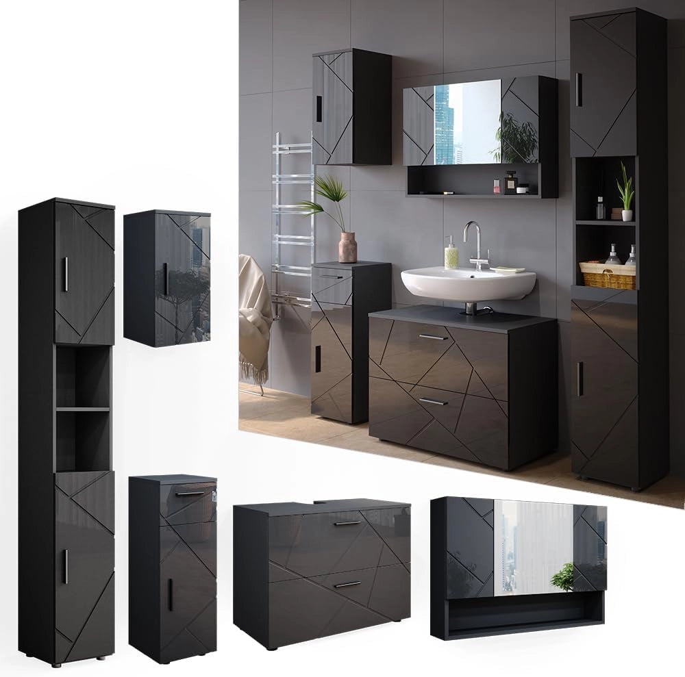 Set mobili bagno Irma, Antracite lucido, 80 cm, composto da mobile sottolavabo, specchiera, colonna, base media e pensile