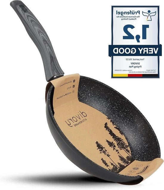 Padella da Frittura Universale a Induzione 20cm con Superficie Antiscivolo e Maniglie di Sicurezza, Lavabile in Lavastoviglie, Finestra in Legno Scuro