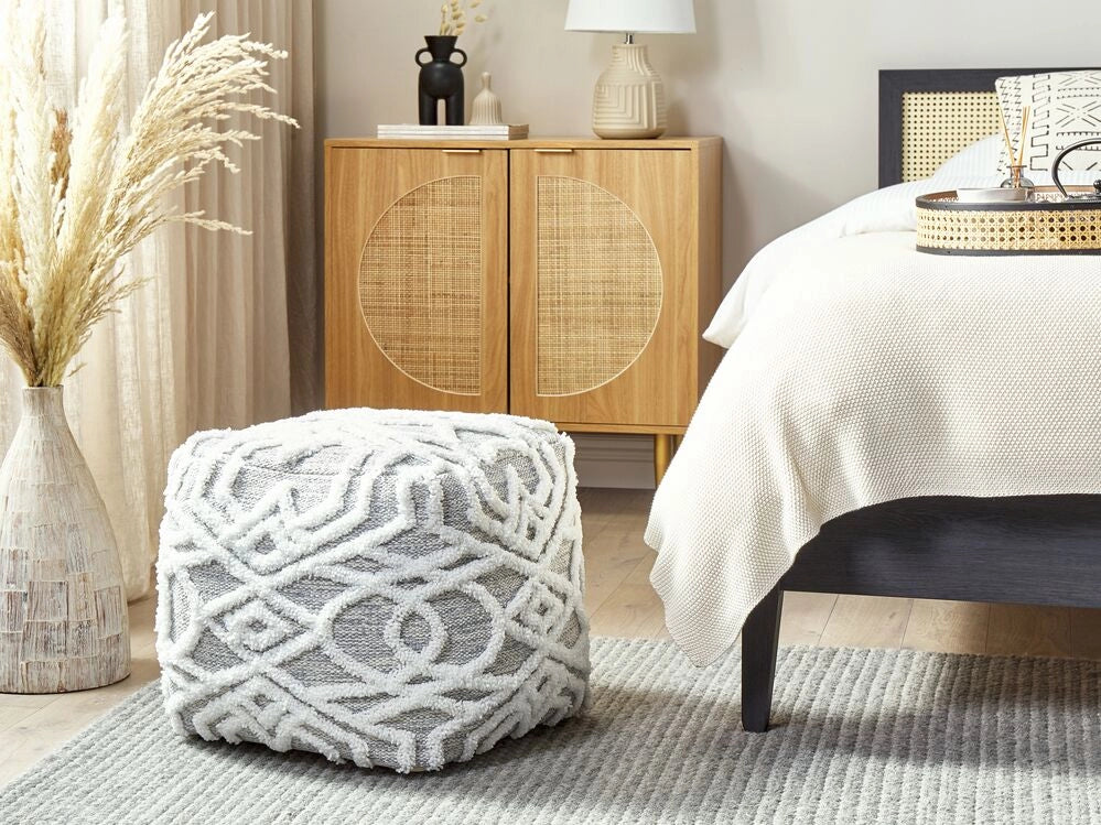 Pouf cotone e poliestere bianco e grigio 40 x 40 cm stile boho soggiorno camera da letto