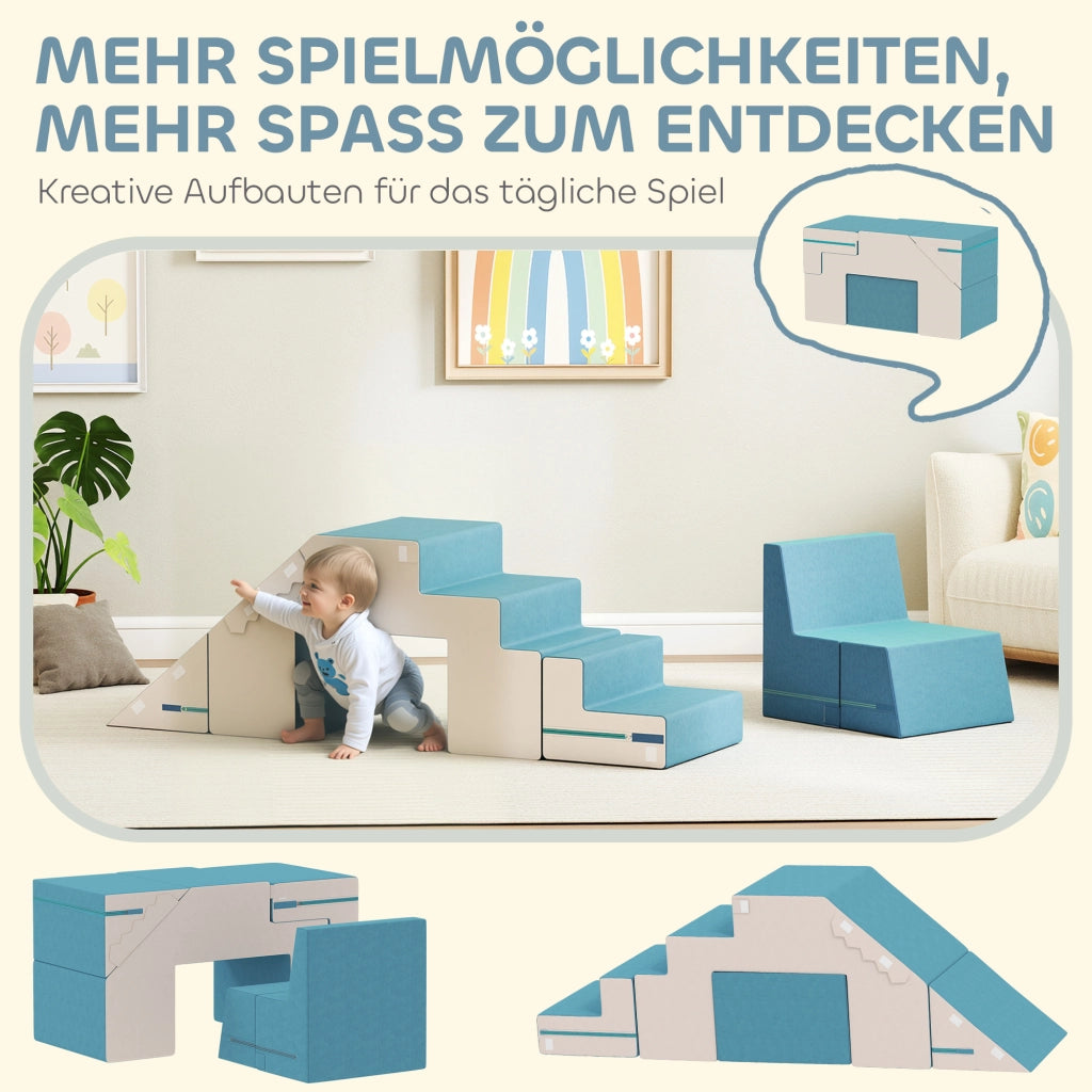 Set 2 Pezzi Blocchi da Gioco Morbidi per Bambini in Ecopelle e Gommapiuma Modulari Beige e Blu Multifunzionale per Casa