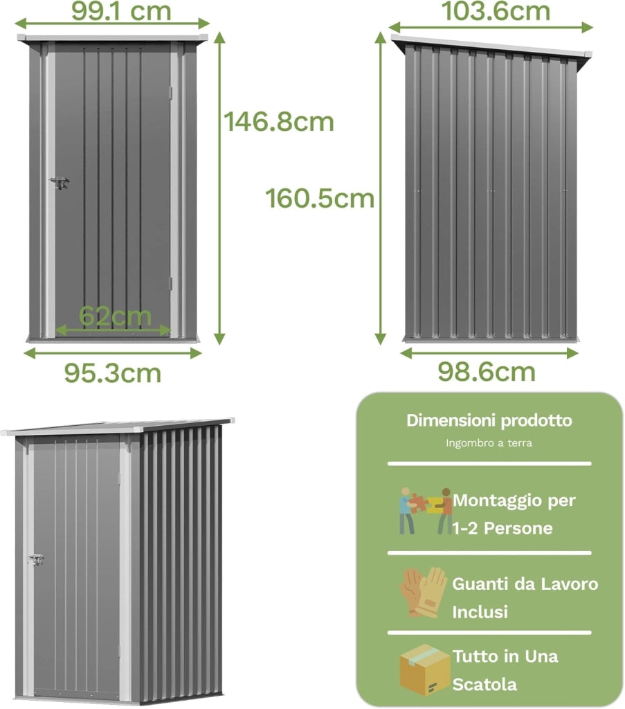 Casetta da giardino in metallo 96 x 98 x 160 cm, capannone da giardino con tetto a falde, robusto e inossidabile, guanti da lavoro inclusi, porta girevole bloccabile, piccolo capanno da